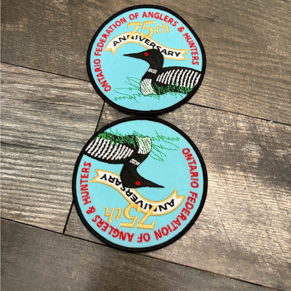 2 Ontario federation of anglers and hunters 75th anniversary badge patch
